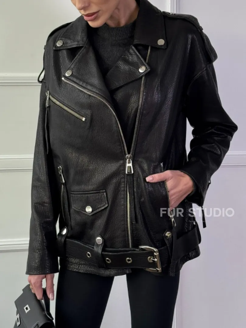 Классическая женская байкерская куртка - косуха из натуральной черной кожи Jumbo