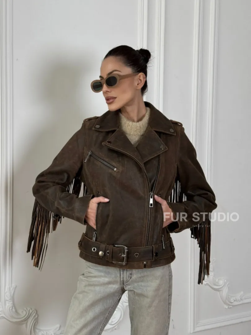 Коричневая кожаная куртка - косуха с бахромой. Мотоциклетная куртка, демисезон - фото 8
