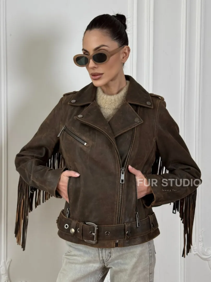 Коричневая кожаная куртка - косуха с бахромой. Мотоциклетная куртка, демисезон