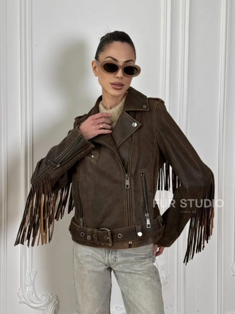 Коричневая кожаная куртка - косуха с бахромой. Мотоциклетная куртка, демисезон - фото 6
