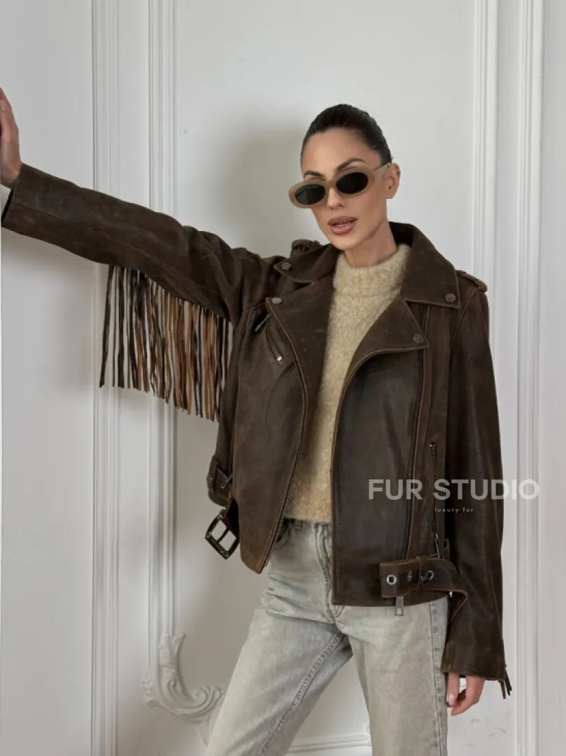 Коричневая кожаная куртка - косуха с бахромой. Мотоциклетная куртка, демисезон - фото 9