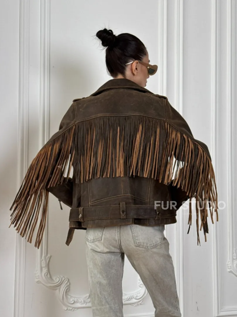 Коричневая кожаная куртка - косуха с бахромой. Мотоциклетная куртка, демисезон - фото 5