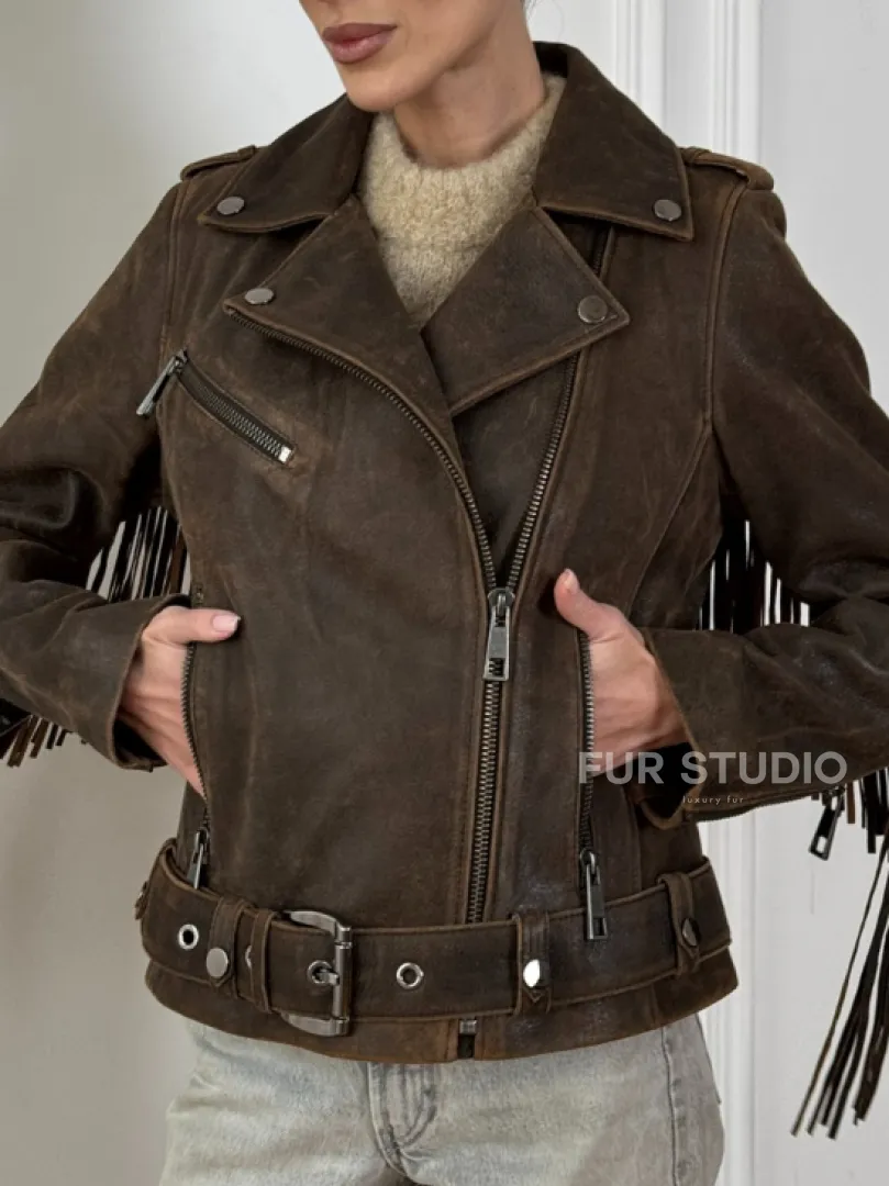 Коричневая кожаная куртка - косуха с бахромой. Мотоциклетная куртка, демисезон