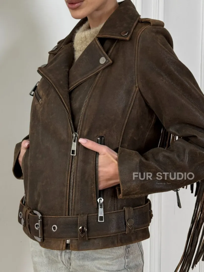 Коричневая кожаная куртка - косуха с бахромой. Мотоциклетная куртка, демисезон - фото 2