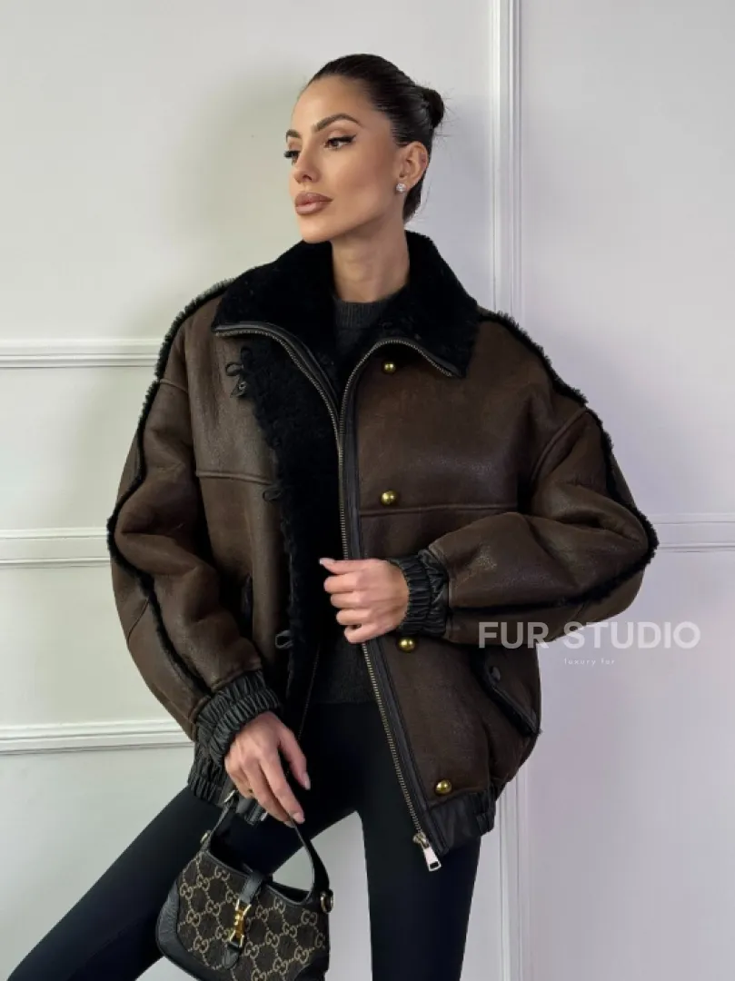 Бомбер - дубленка из натуральной овчины керли 