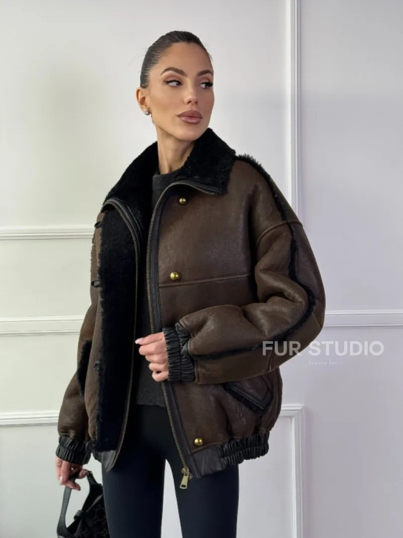 Бомбер - дубленка из натуральной овчины керли 