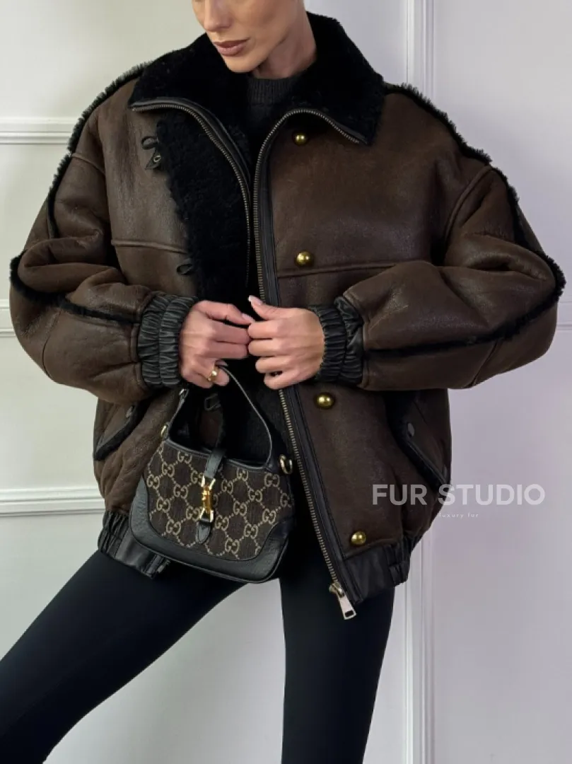 Бомбер - дубленка из натуральной овчины керли 