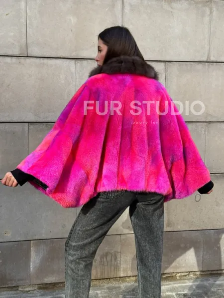 Полушубок - летучка из меха норки в цвете фуксия 