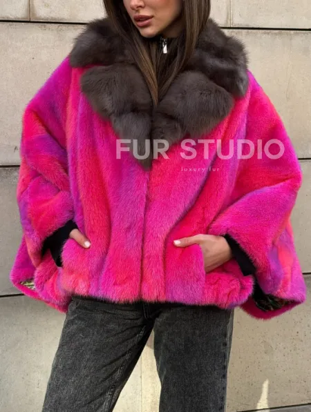Полушубок - летучка из меха норки в цвете фуксия 