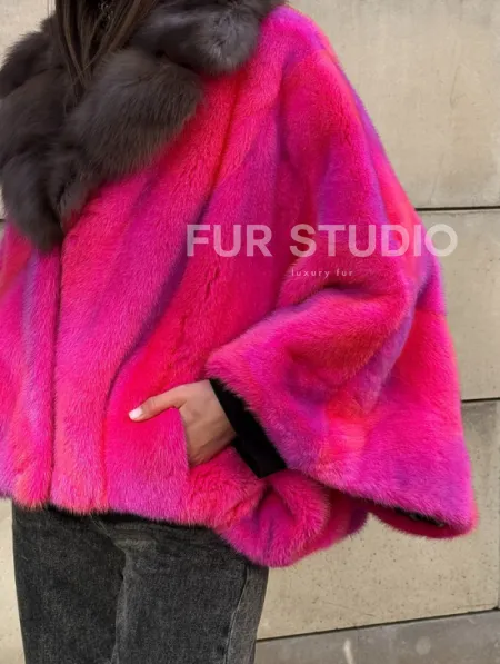 Полушубок - летучка из меха норки в цвете фуксия 
