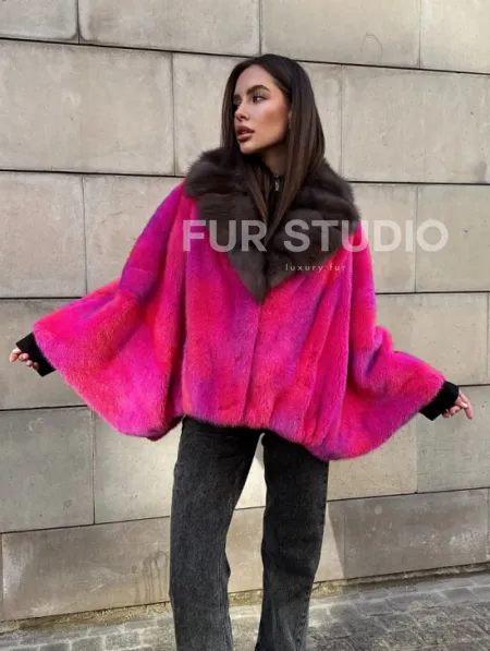 Полушубок - летучка из меха норки в цвете фуксия 