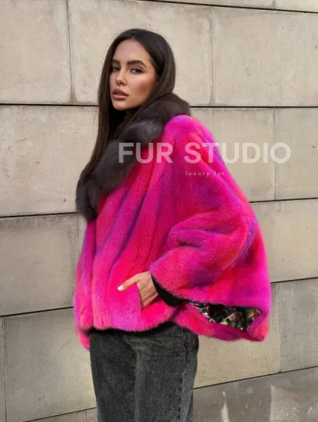 Полушубок - летучка из меха норки в цвете фуксия 