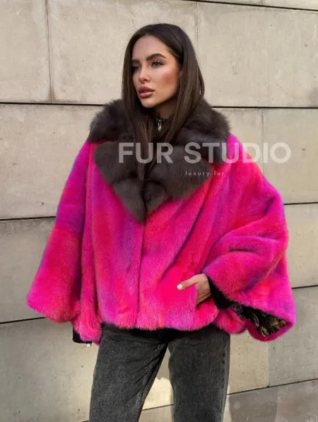 Полушубок - летучка из меха норки в цвете фуксия 