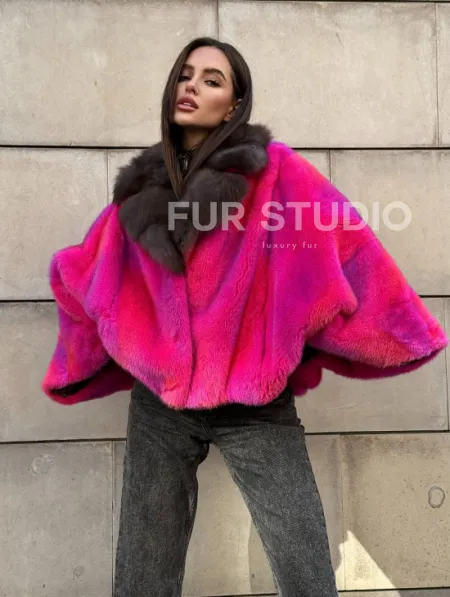 Полушубок - летучка из меха норки в цвете фуксия 