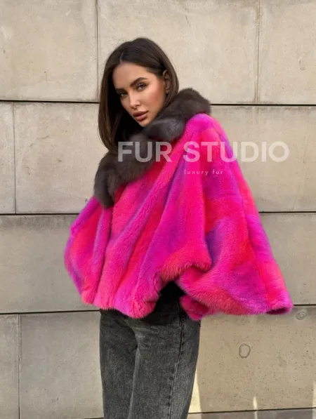 Полушубок - летучка из меха норки в цвете фуксия 