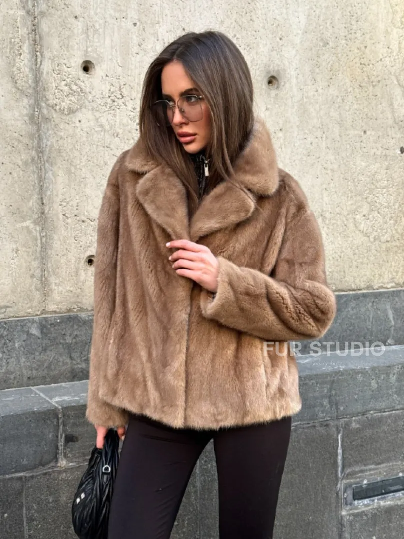 Короткий норковый жакет с английским воротником цвет пастель - фото 4