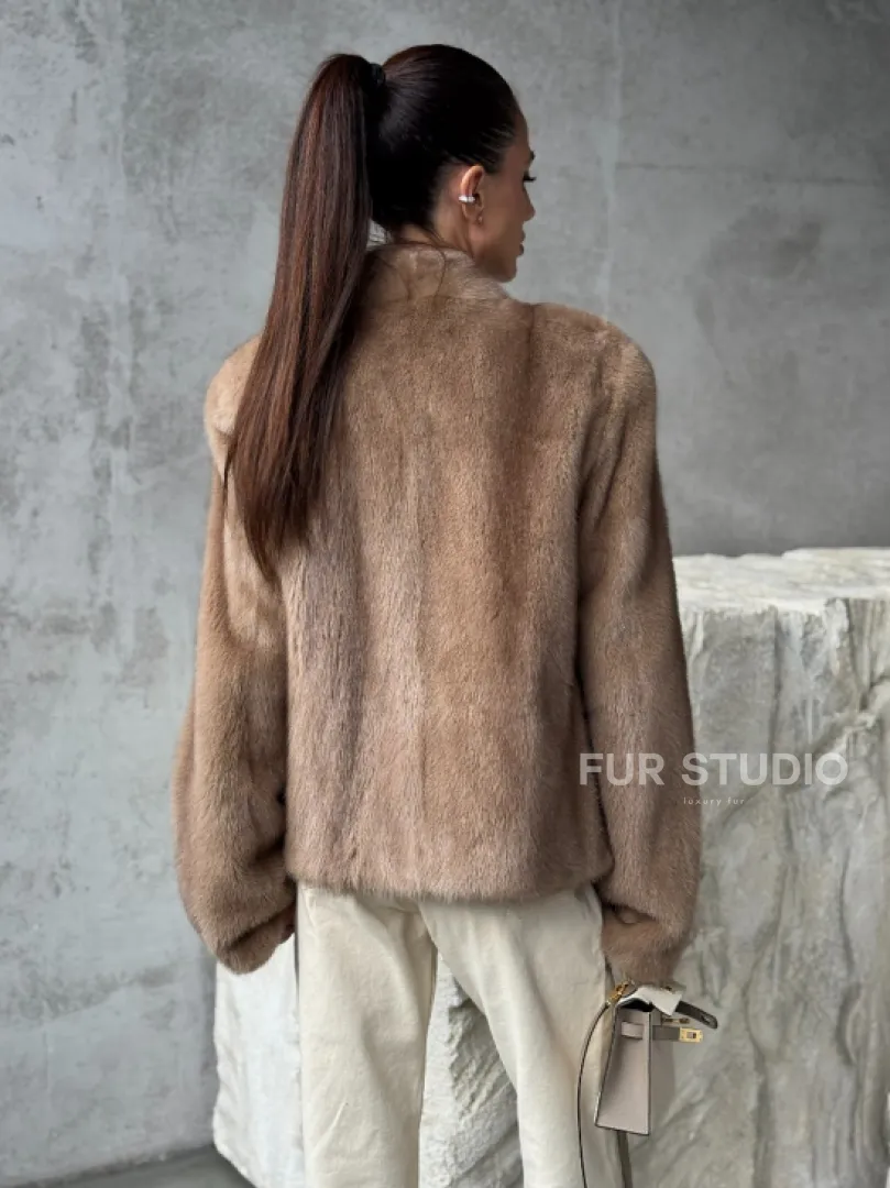 Кроп - жакет из норки Pastel с воротником V-образным 60 см