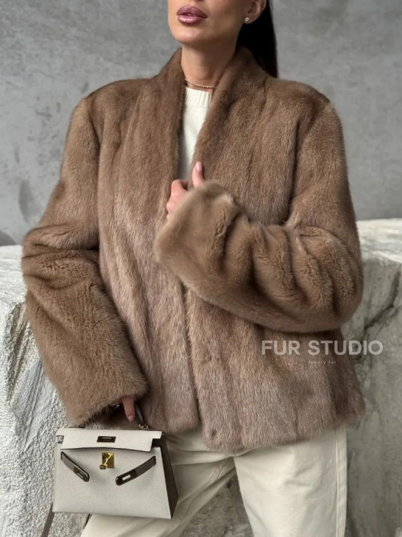 Кроп - жакет из норки Pastel с воротником V-образным 60 см