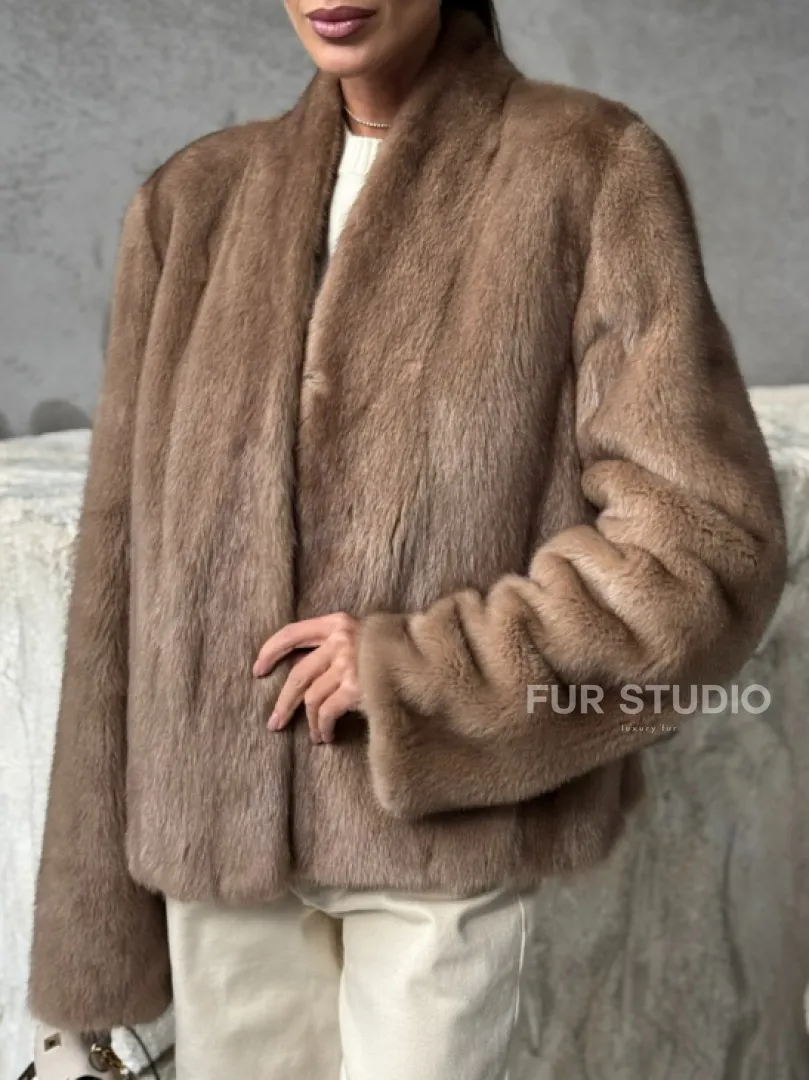 Кроп - жакет из норки Pastel с воротником V-образным 60 см