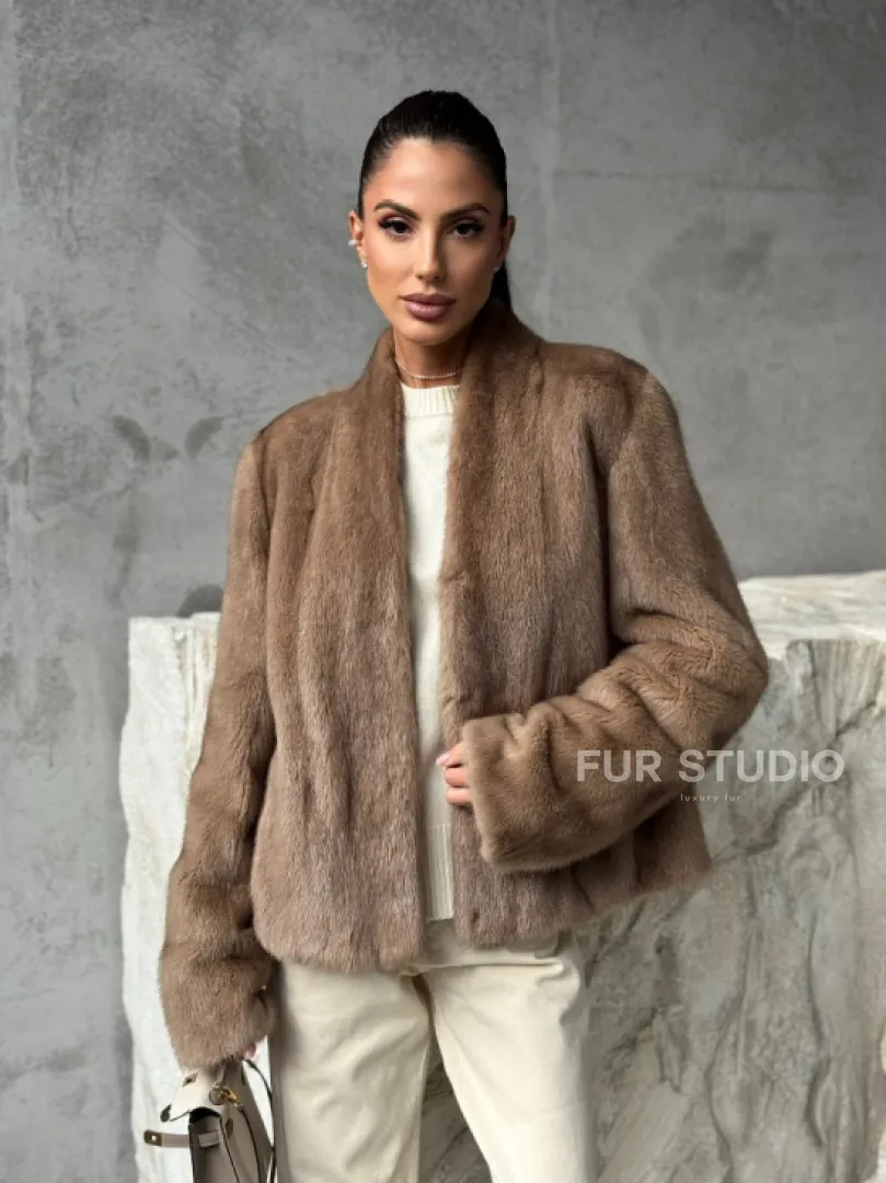 Кроп - жакет из норки Pastel с воротником V-образным 60 см