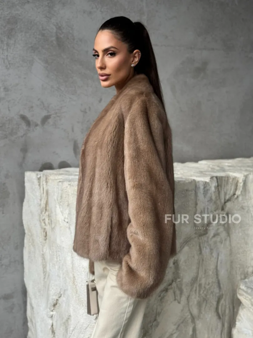 Кроп - жакет из норки Pastel с воротником V-образным 60 см