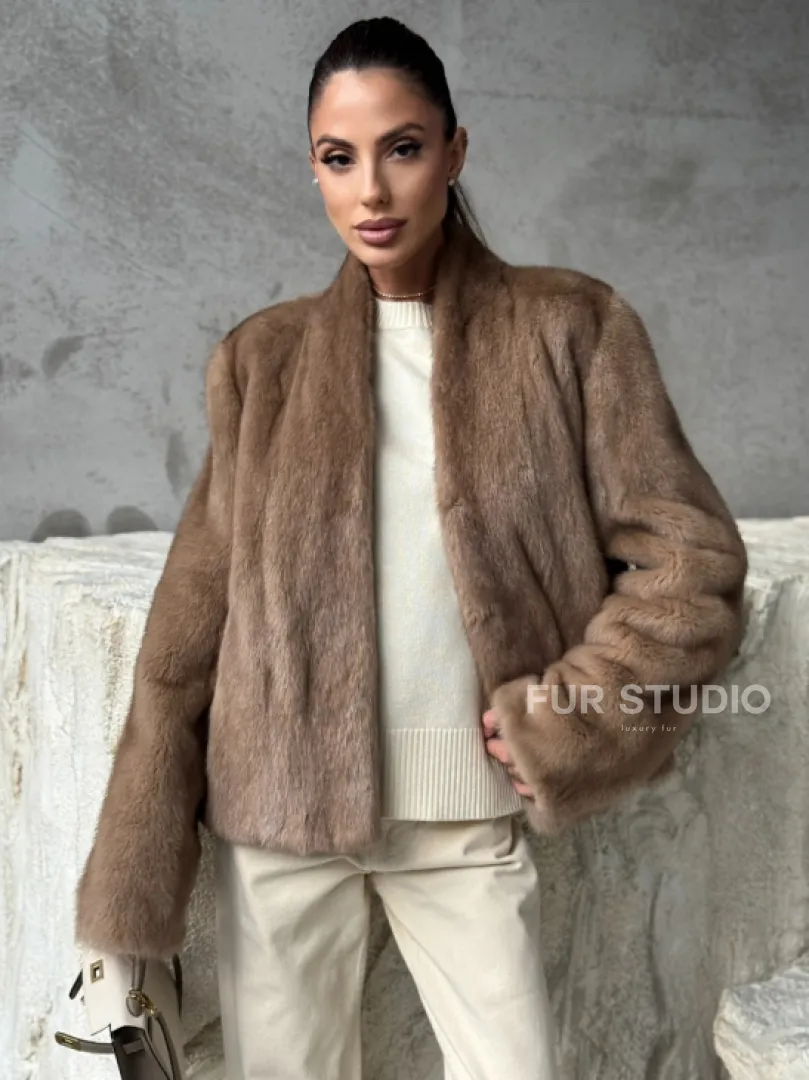 Кроп - жакет из норки Pastel с воротником V-образным 60 см