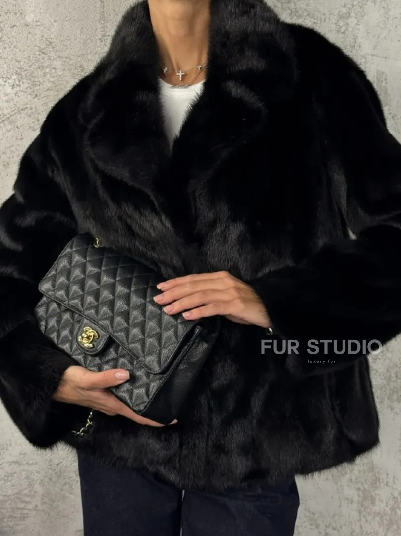 Черный норковый кроп - жакет с английским воротником - фото 2