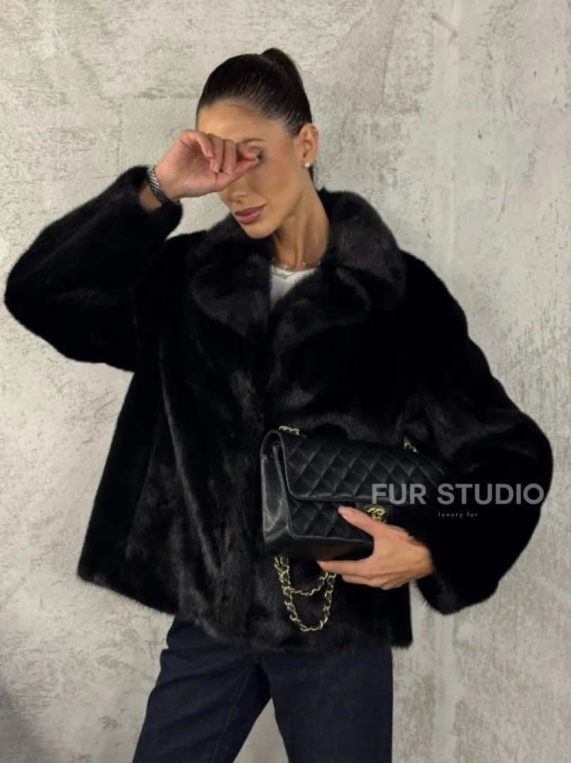 Черный норковый кроп - жакет с английским воротником - фото 9