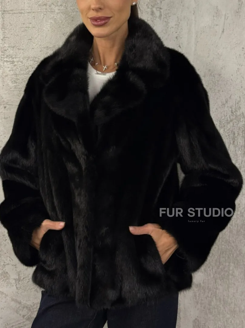 Черный норковый кроп - жакет с английским воротником