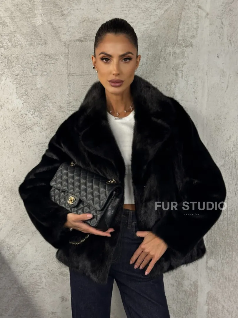 Черный норковый кроп - жакет с английским воротником
