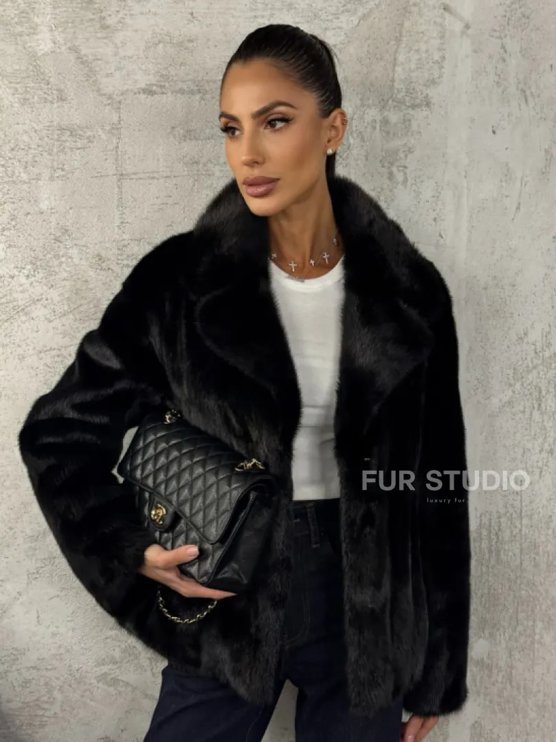 Черный норковый кроп - жакет с английским воротником