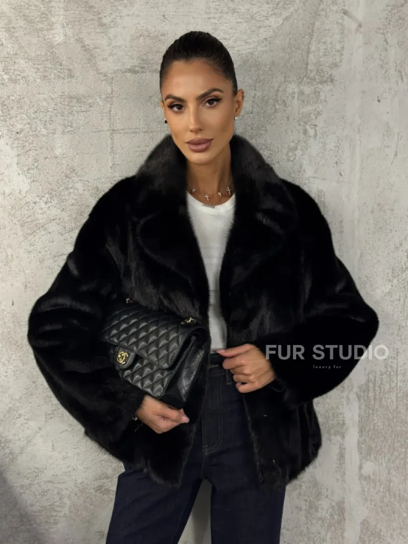 Черный норковый кроп - жакет с английским воротником