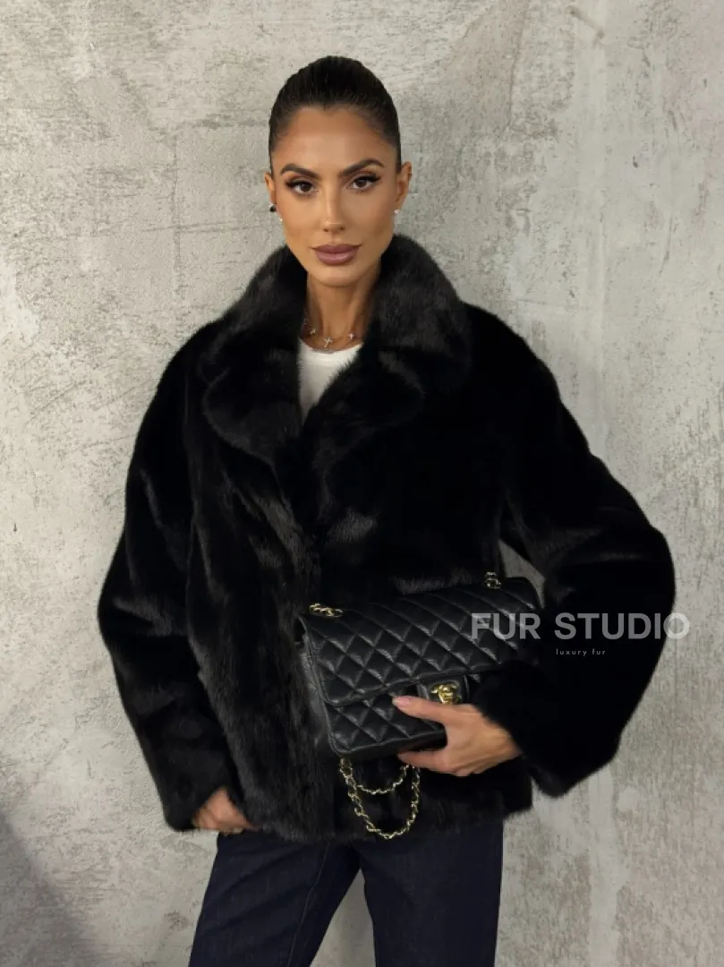 Черный норковый кроп - жакет с английским воротником