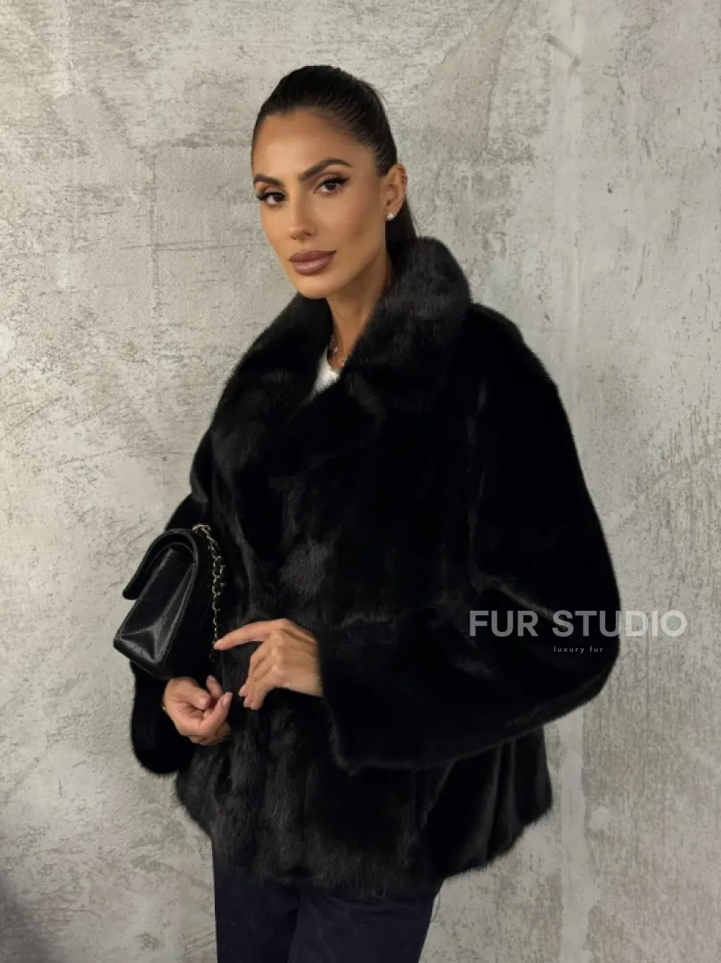 Черный норковый кроп - жакет с английским воротником