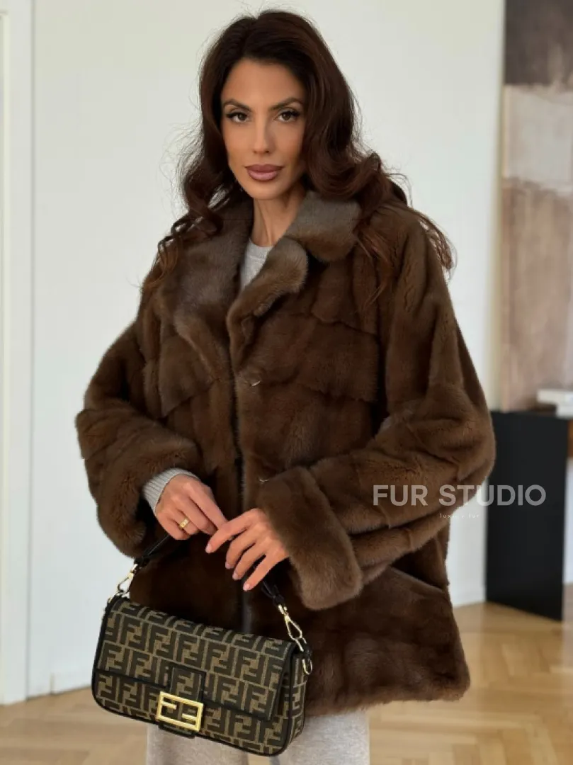 Шуба-кокон из норки с английским воротником и манжетом - фото 0