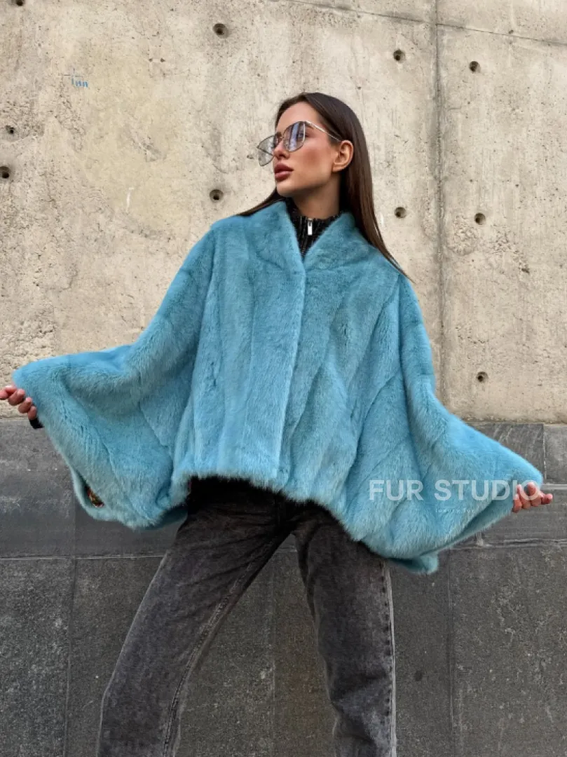 Норковая шуба летучка с V-образным воротником, цвет - тиффани - фото 9