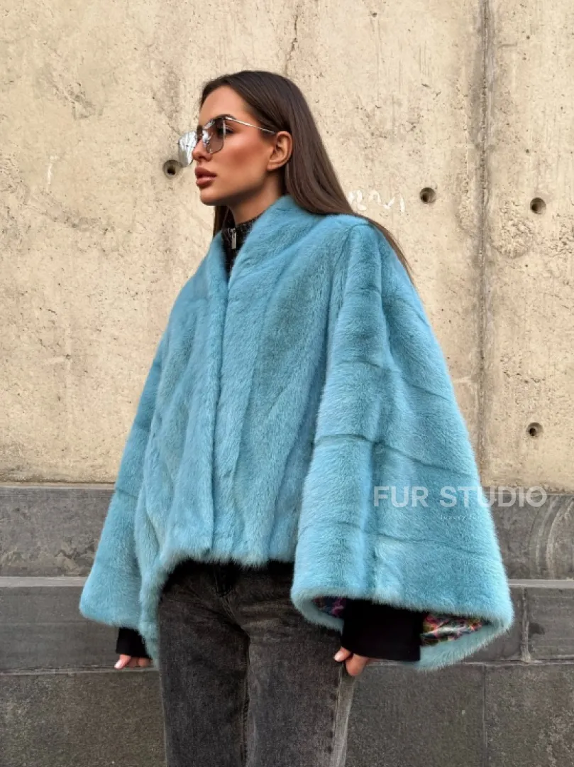 Норковая шуба летучка с V-образным воротником, цвет - тиффани - фото 5