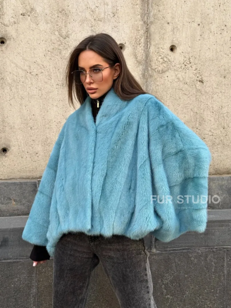 Норковая шуба летучка с V-образным воротником, цвет - тиффани - фото 7