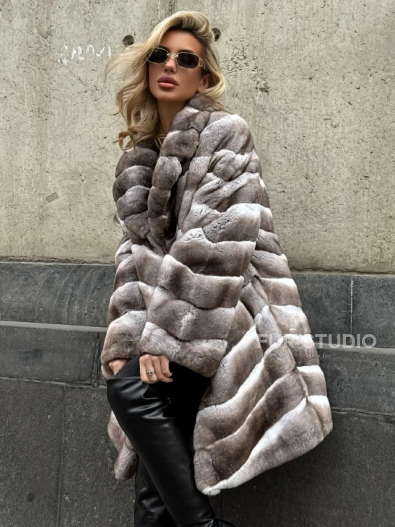 Женская серая шуба из элитного шиншиллового кролика (рекса) с английским воротником - фото 5