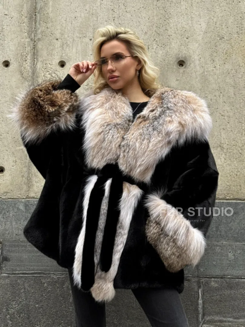 Черная норковая шуба PREMIUM COLLECTION с отделкой из меха канадской рыси