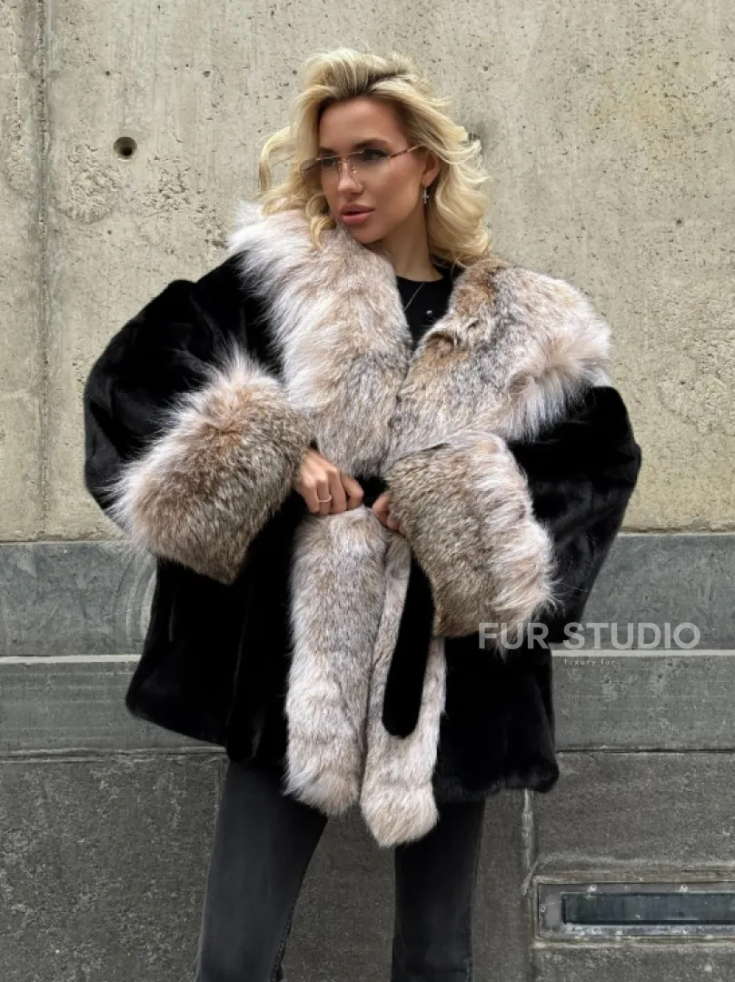 Черная норковая шуба PREMIUM COLLECTION с отделкой из меха канадской рыси