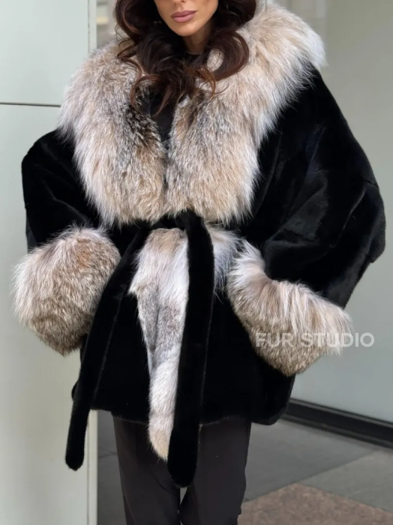 Черная норковая шуба PREMIUM COLLECTION с отделкой из меха канадской рыси