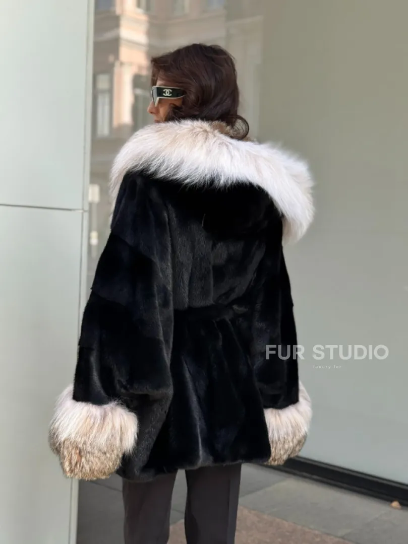 Черная норковая шуба PREMIUM COLLECTION с отделкой из меха канадской рыси