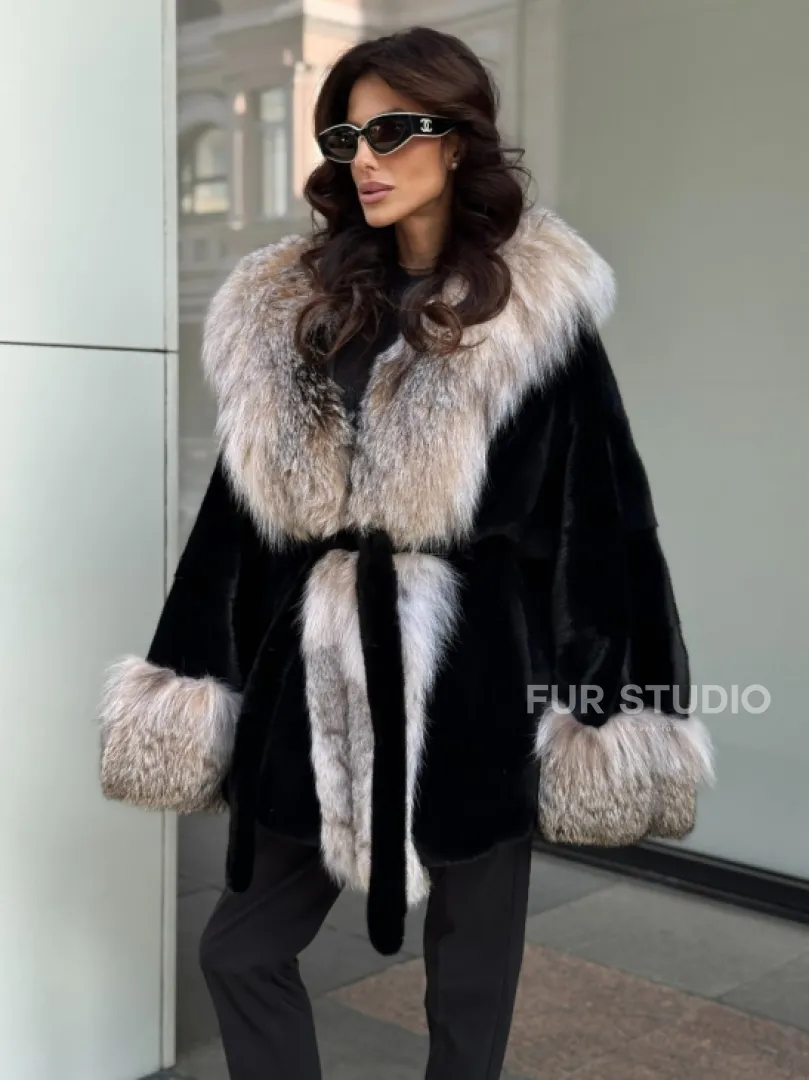 Черная норковая шуба PREMIUM COLLECTION с отделкой из меха канадской рыси