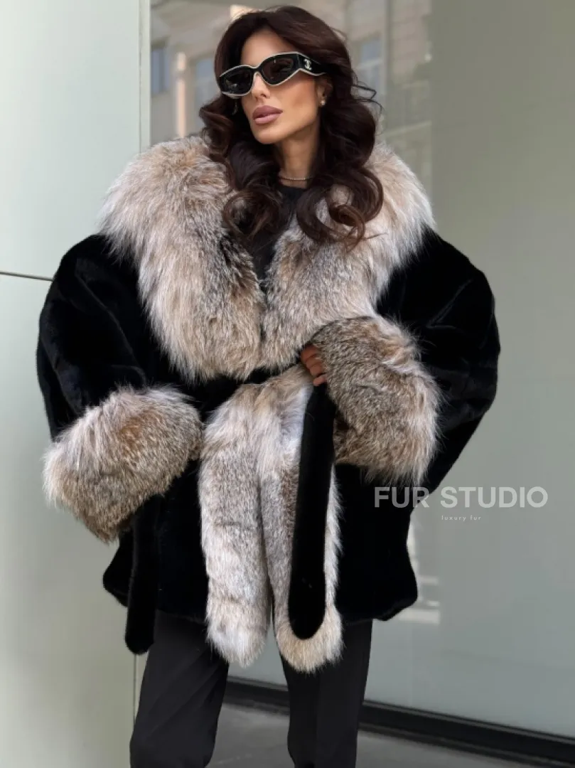 Черная норковая шуба PREMIUM COLLECTION с отделкой из меха канадской рыси