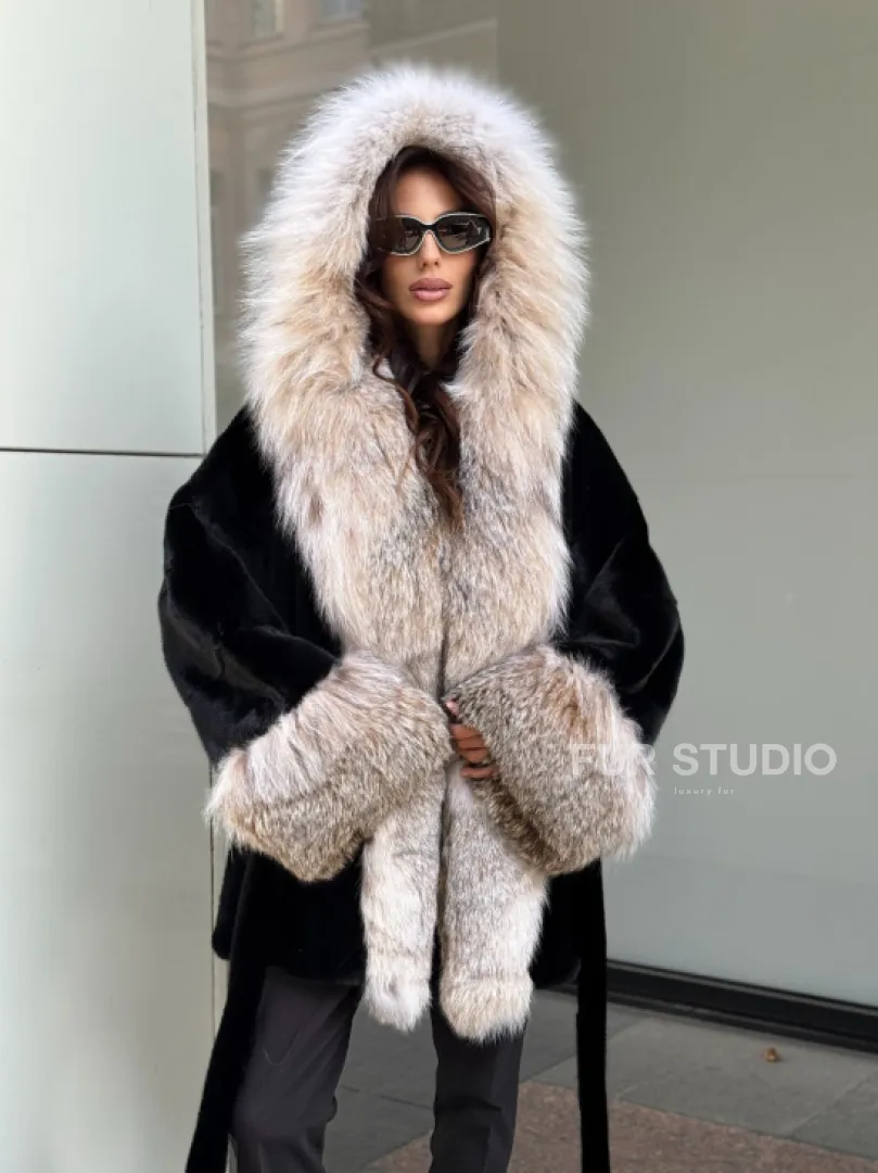 Черная норковая шуба PREMIUM COLLECTION с отделкой из меха канадской рыси