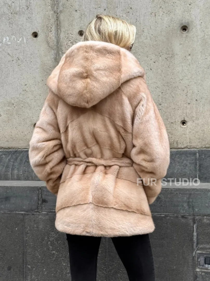 Женский норковый полушубок Premium fur с капюшоном 