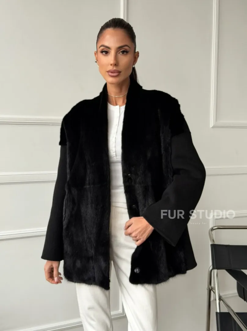 Полупальто демисезонное шерстяное с отделкой из меха норки - фото 5