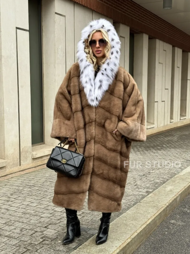 Норковая шуба больших размеров в стиле Бохо с капюшоном под рысь - фото 8