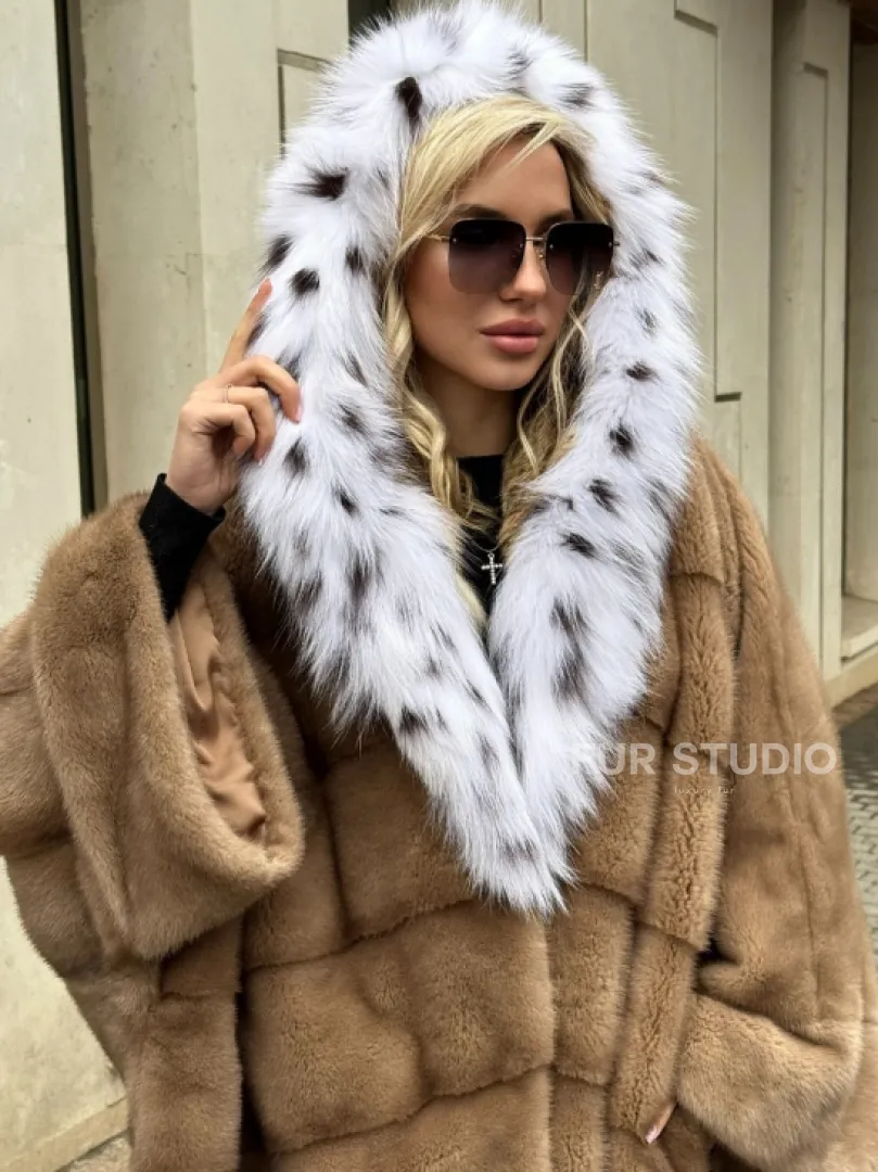 Норковая шуба больших размеров в стиле Бохо с капюшоном под рысь - фото 3